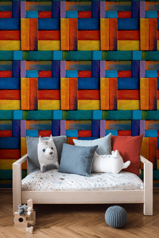 Renkli Geometrik Blok Desenli Duvar Kağıdı Modern Salon