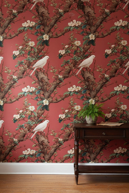 Kuşlu Çiçekli Duvar Kağıdı Bordo Vintage Klasik Desen
