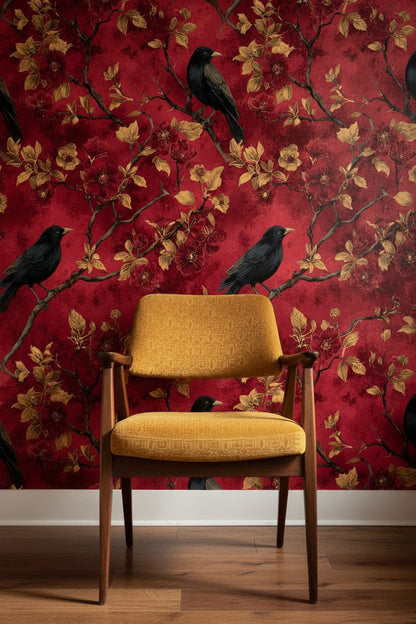 Kuşlu Çiçekli Duvar Kağıdı Bordo Altın Yaprak Desen