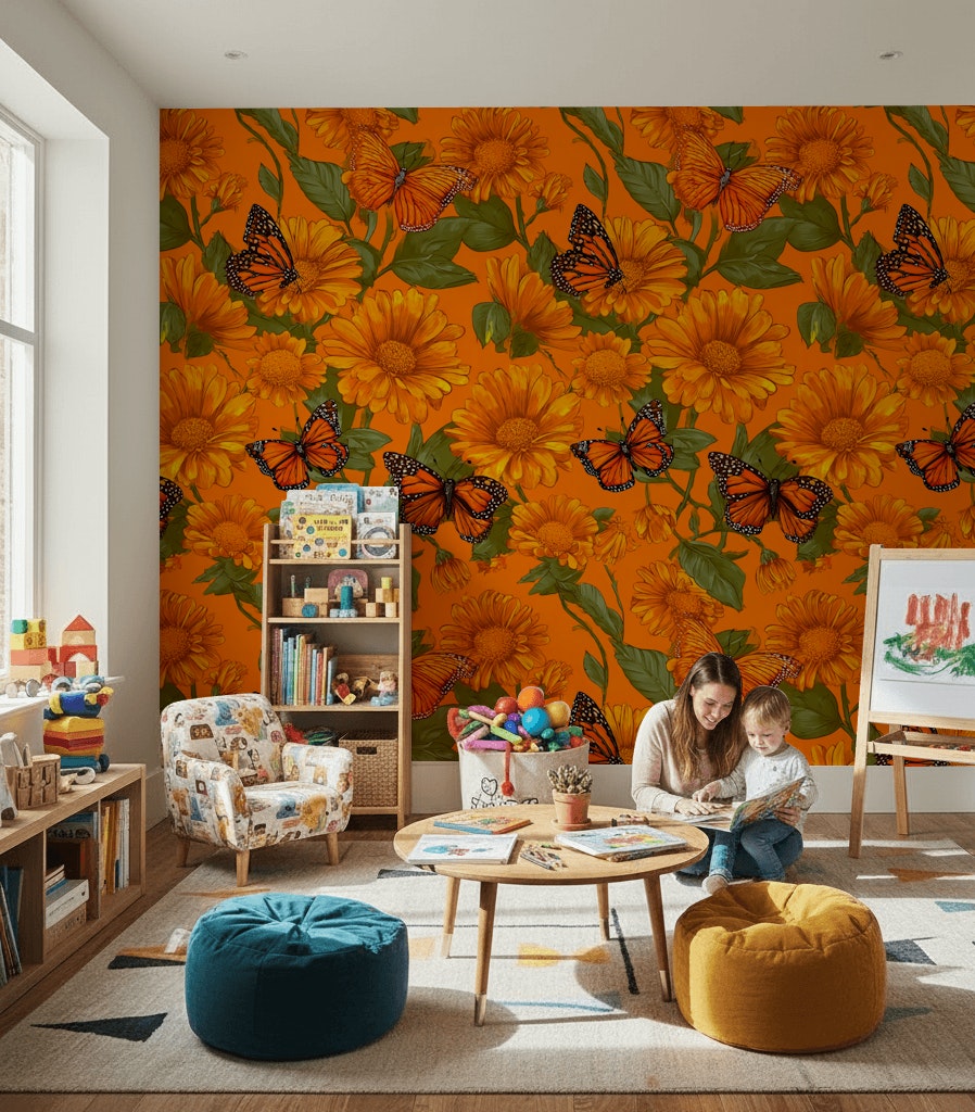 Turuncu Çiçekli Kelebekli Duvar Kağıdı Retro Salon Deseni
