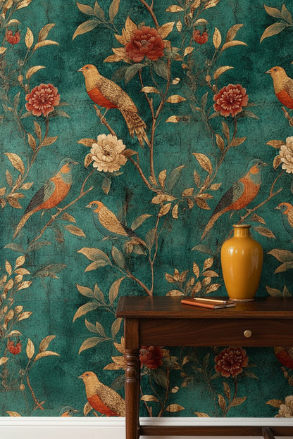 Kuş ve Çiçek Desenli Duvar Kağıdı Zümrüt Yeşil Vintage