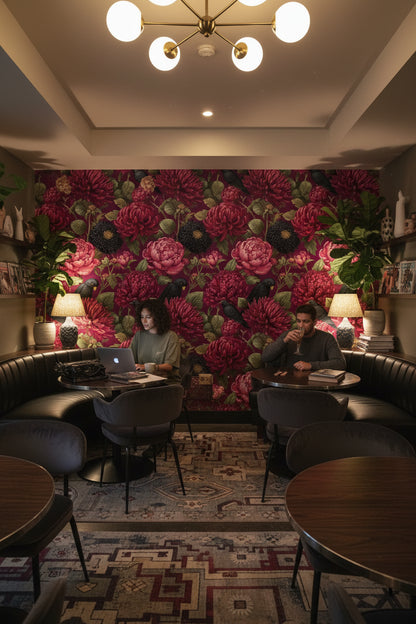 Bordo Çiçek ve Kargalı Duvar Kağıdı Vintage Salon