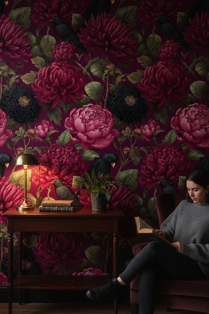Bordo Çiçek ve Kargalı Duvar Kağıdı Vintage Salon