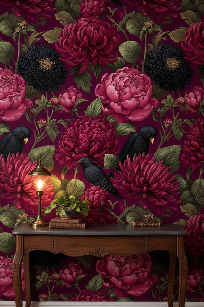Bordo Çiçek ve Kargalı Duvar Kağıdı Vintage Salon
