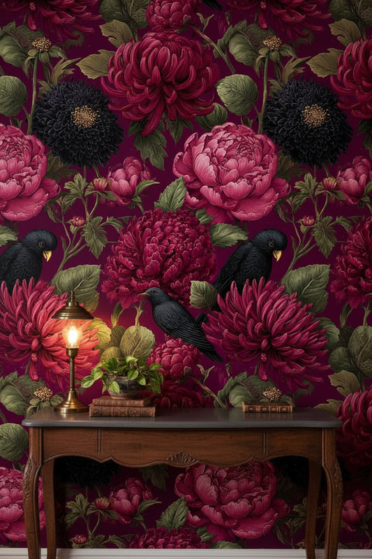 Bordo Çiçek ve Kargalı Duvar Kağıdı Vintage Salon
