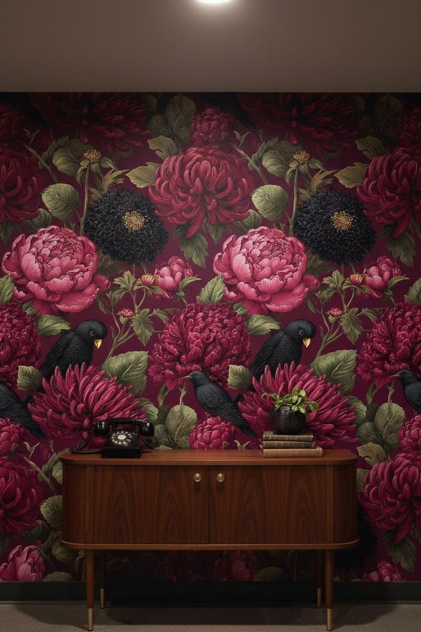 Bordo Çiçek ve Kargalı Duvar Kağıdı Vintage Salon