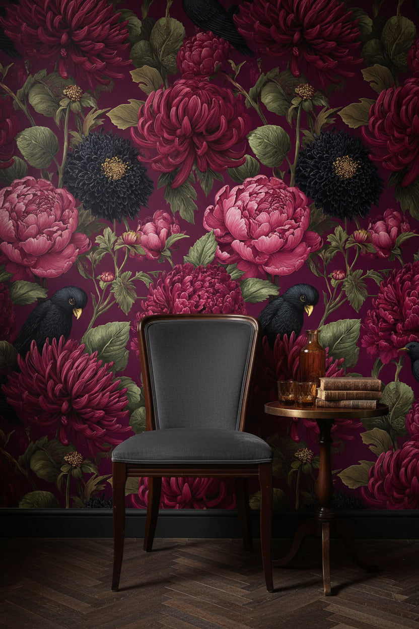 Bordo Çiçek ve Kargalı Duvar Kağıdı Vintage Salon