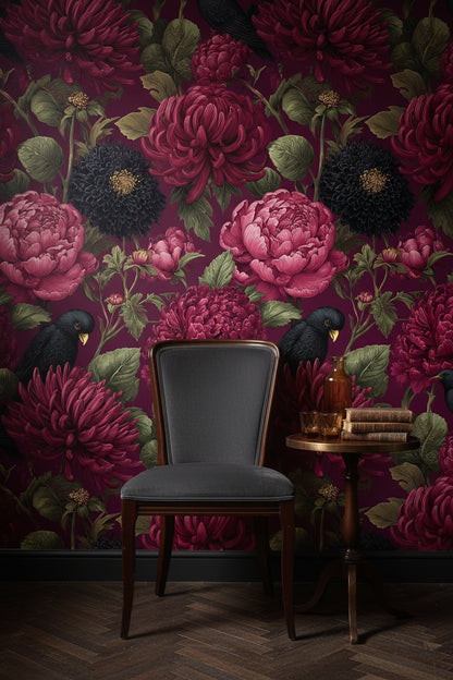 Bordo Çiçek ve Kargalı Duvar Kağıdı Vintage Salon