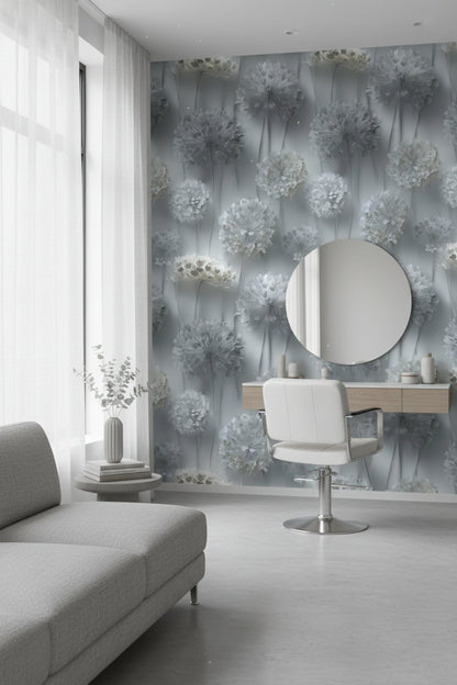 Gri Tonlu Karahindiba Çiçekli Duvar Kağıdı Modern Salon
