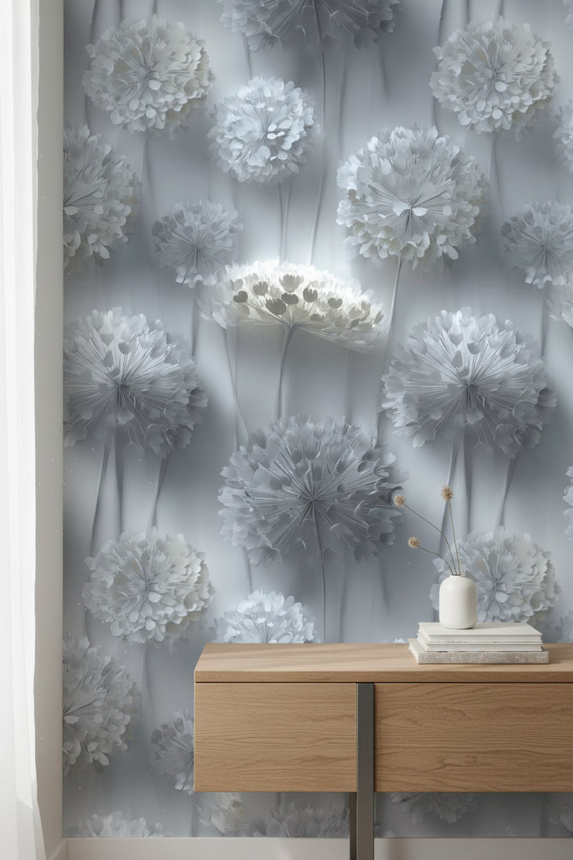 Gri Tonlu Karahindiba Çiçekli Duvar Kağıdı Modern Salon