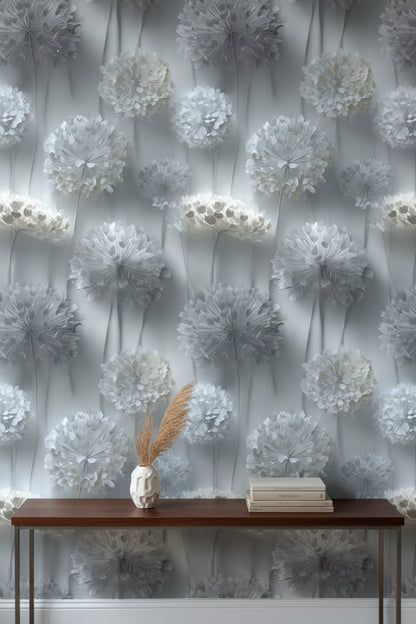 Gri Tonlu Karahindiba Çiçekli Duvar Kağıdı Modern Salon
