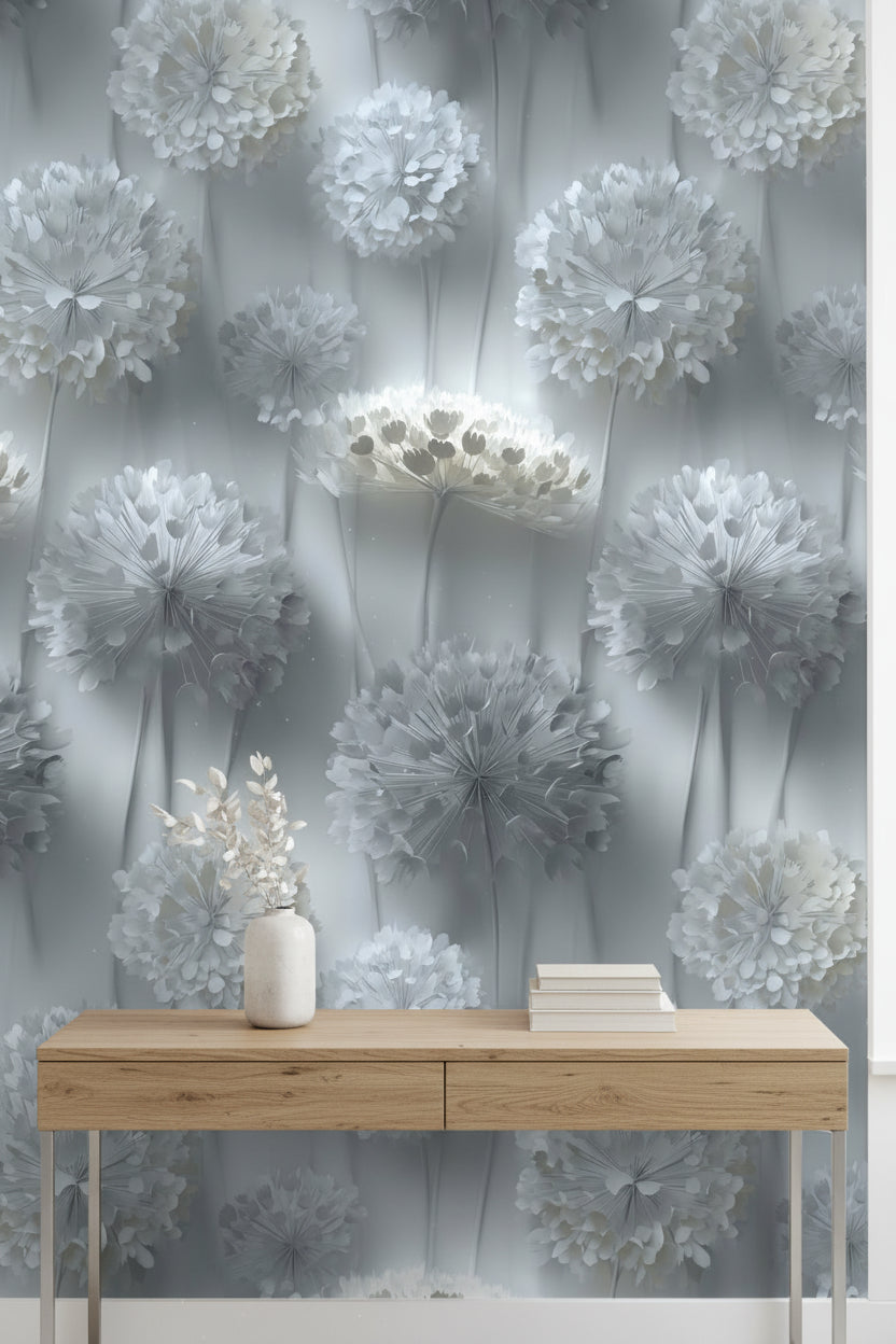 Gri Tonlu Karahindiba Çiçekli Duvar Kağıdı Modern Salon