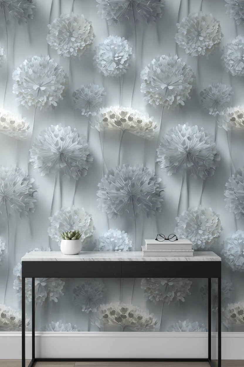 Gri Tonlu Karahindiba Çiçekli Duvar Kağıdı Modern Salon
