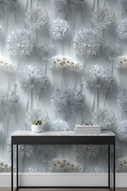 Gri Tonlu Karahindiba Çiçekli Duvar Kağıdı Modern Salon