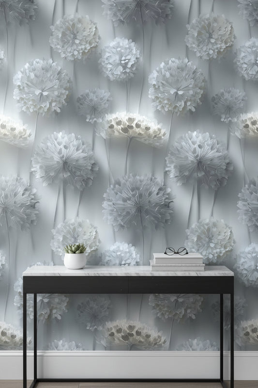Gri Tonlu Karahindiba Çiçekli Duvar Kağıdı Modern Salon