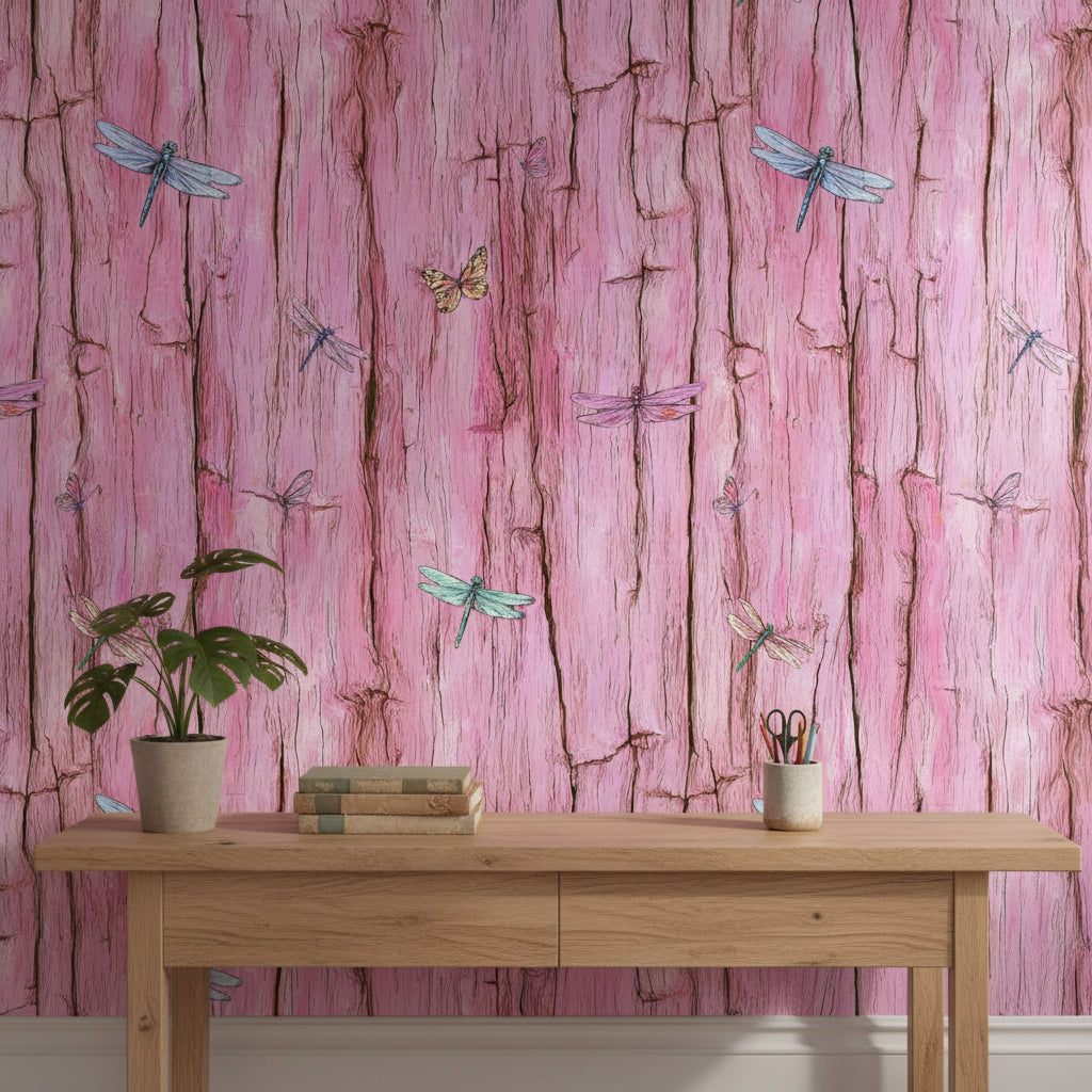Yusufçuk Desenli Duvar Kağıdı Pembe Ahşap Desenli Salon