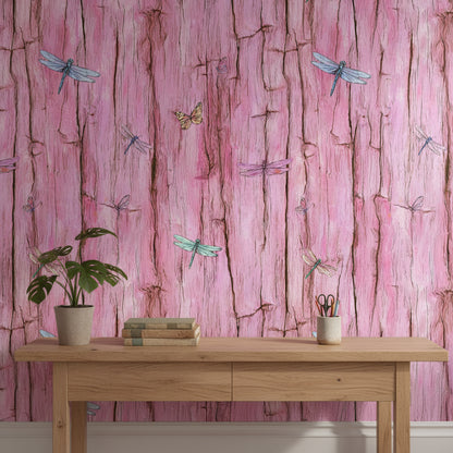 Yusufçuk Desenli Duvar Kağıdı Pembe Ahşap Desenli Salon