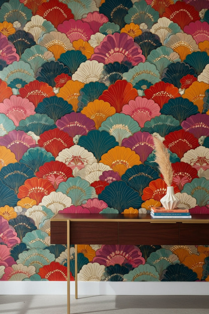 Art Deco Yelpaze Desenli Duvar Kağıdı Renkli Retro Salon