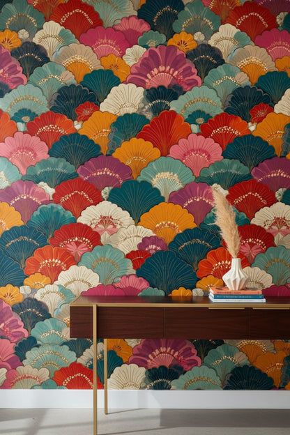 Art Deco Yelpaze Desenli Duvar Kağıdı Renkli Retro Salon