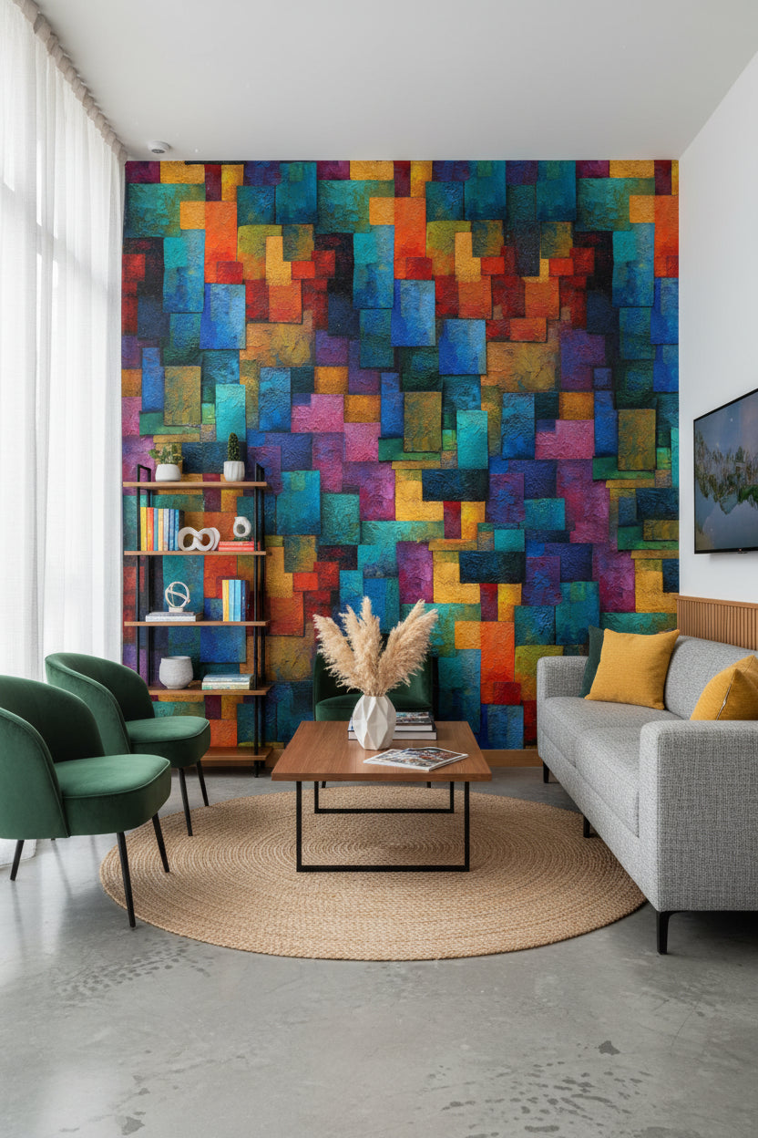 Renkli Geometrik Duvar Kağıdı Modern Mozaik Desen Salon
