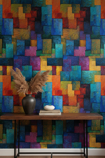 Renkli Geometrik Duvar Kağıdı Modern Mozaik Desen Salon