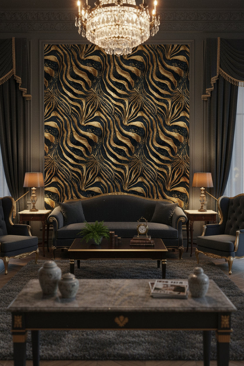 Zebra Desenli Duvar Kağıdı Lacivert Altın Art Deco