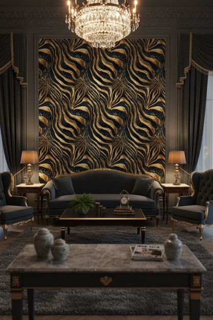 Zebra Desenli Duvar Kağıdı Lacivert Altın Art Deco