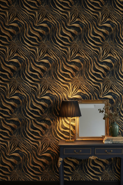 Zebra Desenli Duvar Kağıdı Lacivert Altın Art Deco