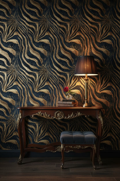 Zebra Desenli Duvar Kağıdı Lacivert Altın Art Deco
