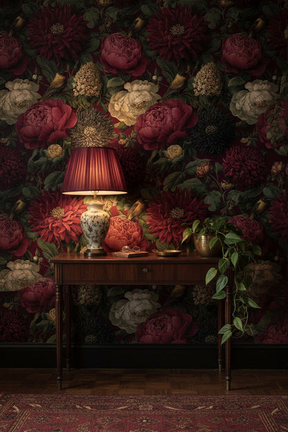 Bordo Zeminli Vintage Çiçekli Duvar Kağıdı Kuş Detaylı