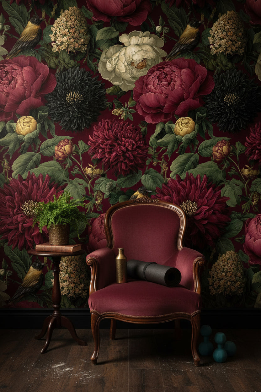 Bordo Zeminli Vintage Çiçekli Duvar Kağıdı Kuş Detaylı
