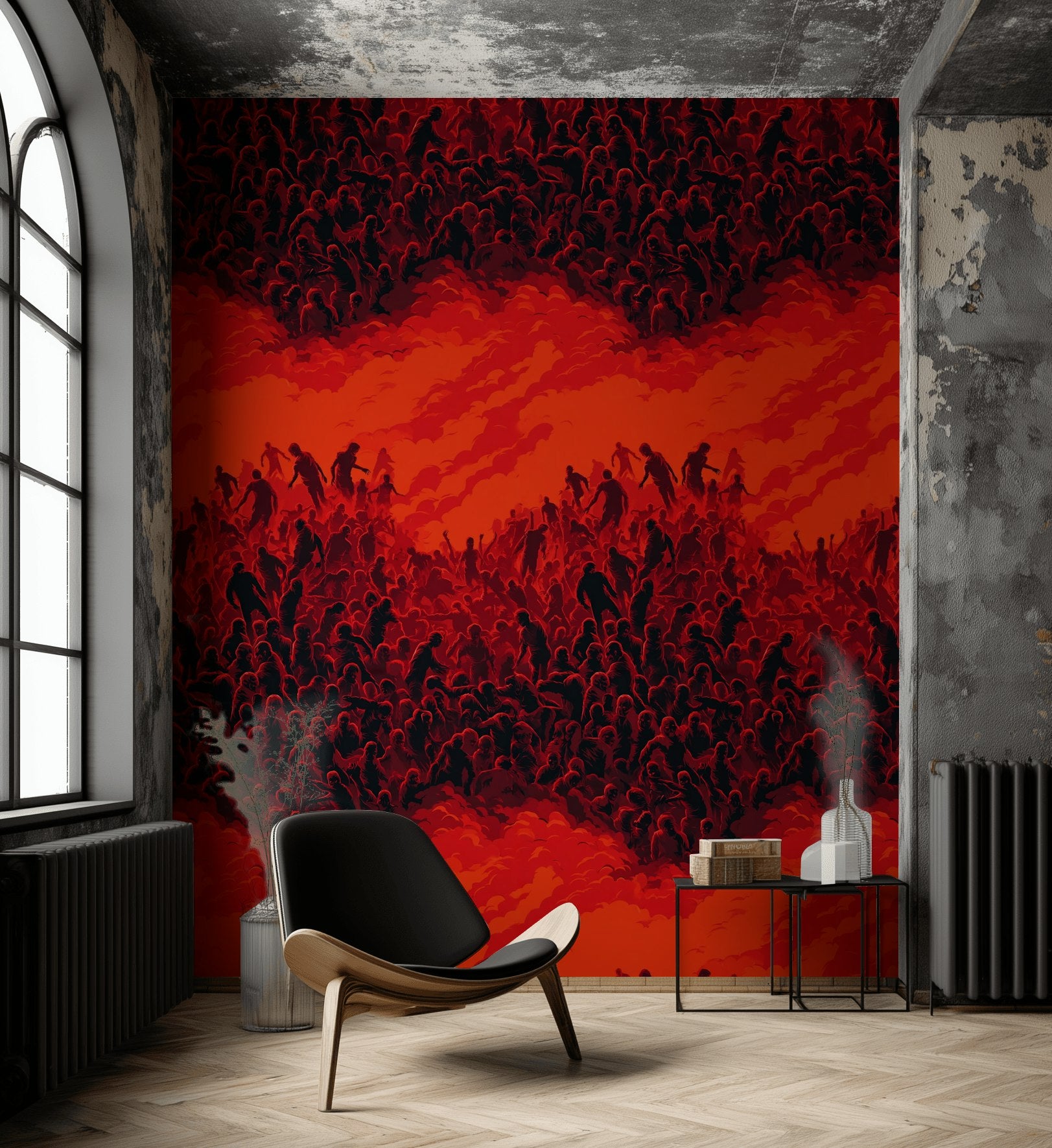 Soyut Kalabalık Figürlü Duvar Kağıdı Kırmızı Siyah Salon