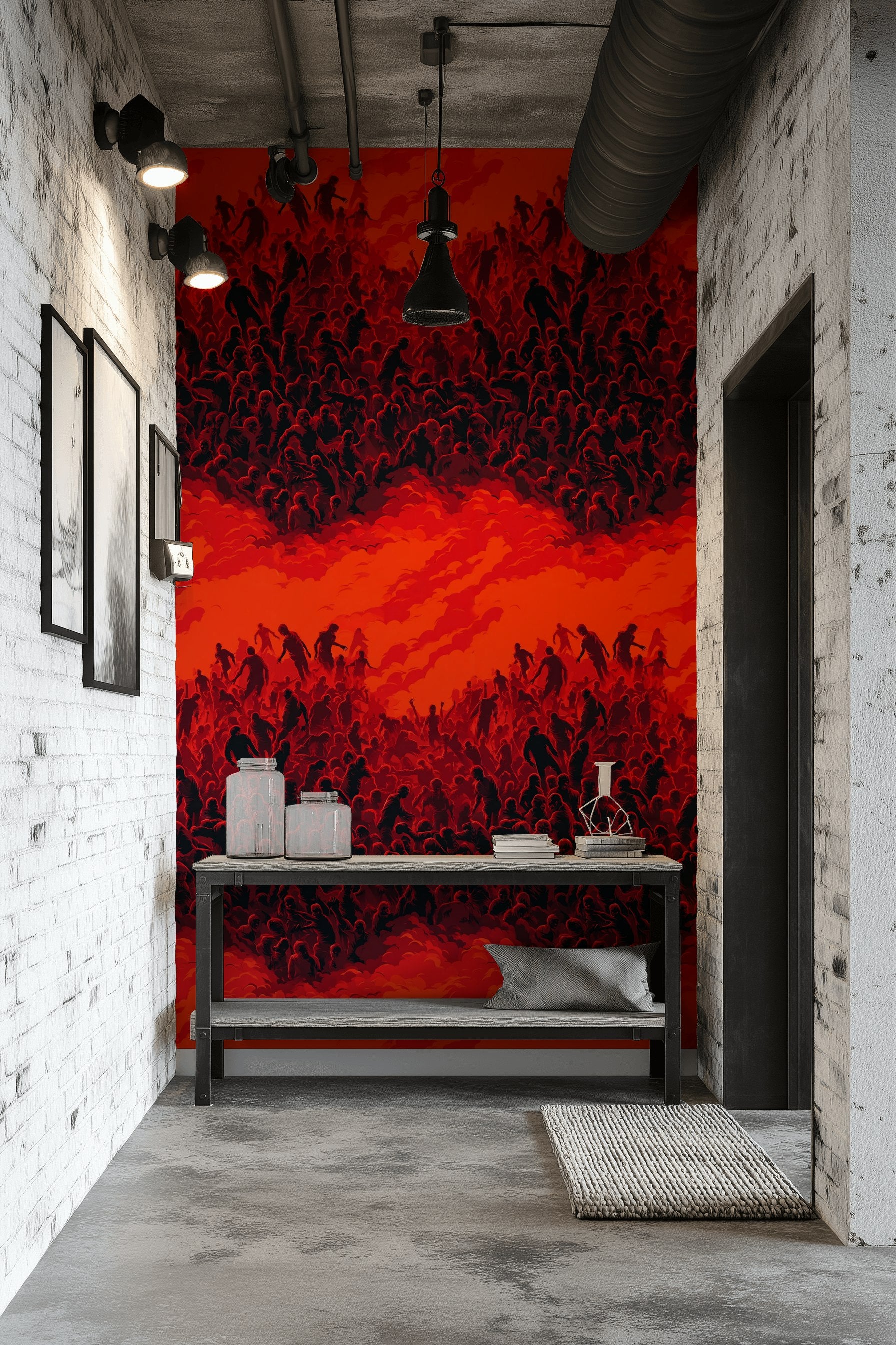 Soyut Kalabalık Figürlü Duvar Kağıdı Kırmızı Siyah Salon