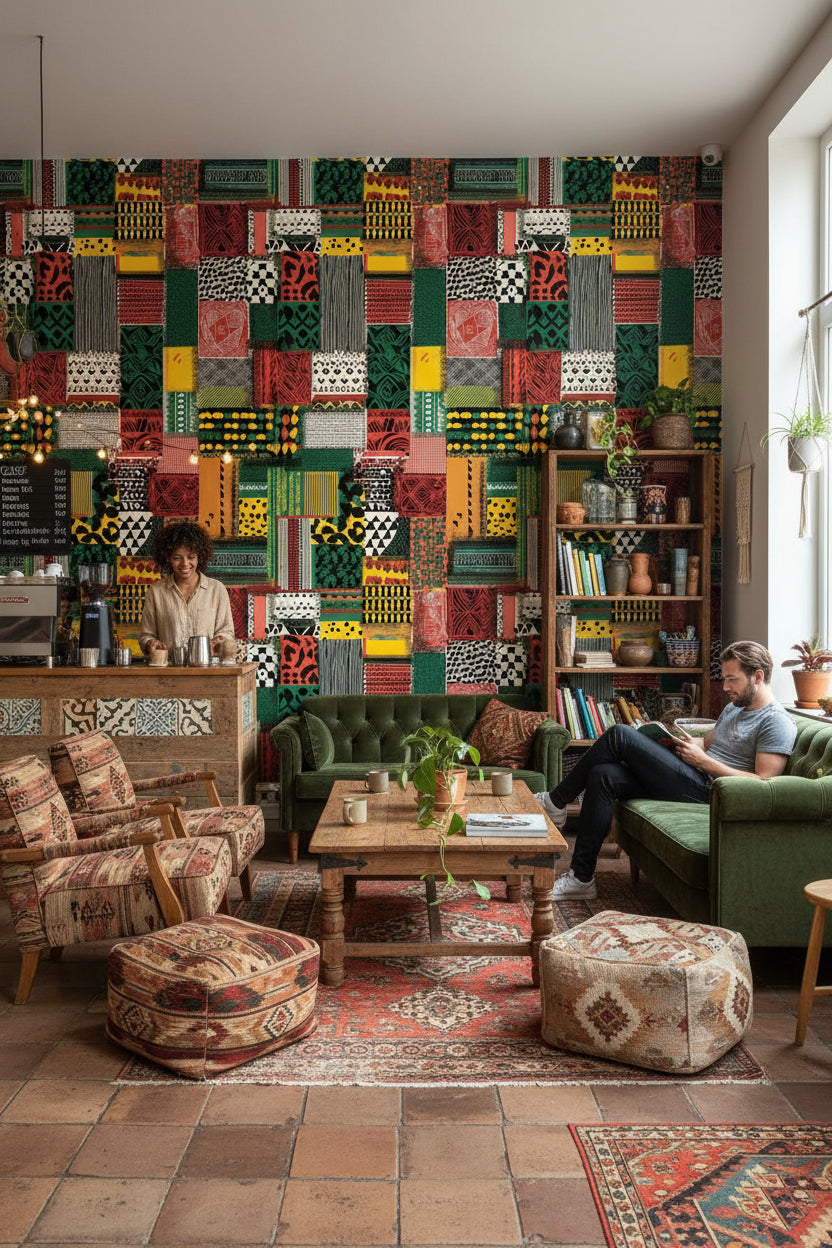 Etnik Patchwork Duvar Kağıdı Yeşil Kırmızı Desenli Salon