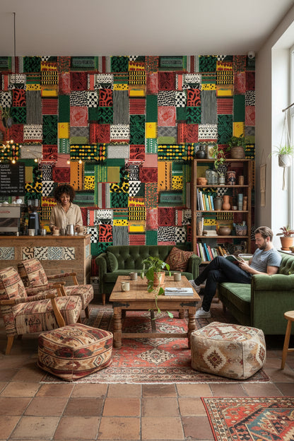 Etnik Patchwork Duvar Kağıdı Yeşil Kırmızı Desenli Salon