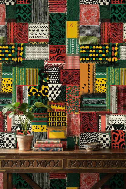 Etnik Patchwork Duvar Kağıdı Yeşil Kırmızı Desenli Salon