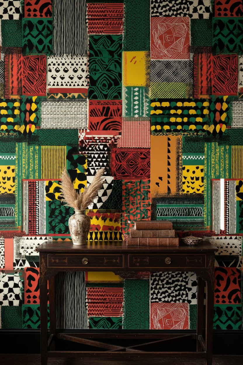 Etnik Patchwork Duvar Kağıdı Yeşil Kırmızı Desenli Salon