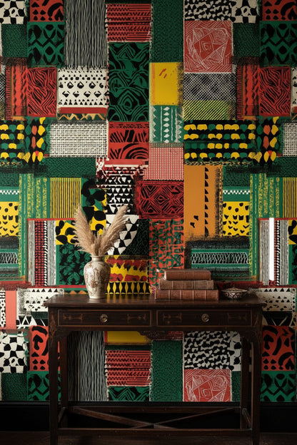Etnik Patchwork Duvar Kağıdı Yeşil Kırmızı Desenli Salon