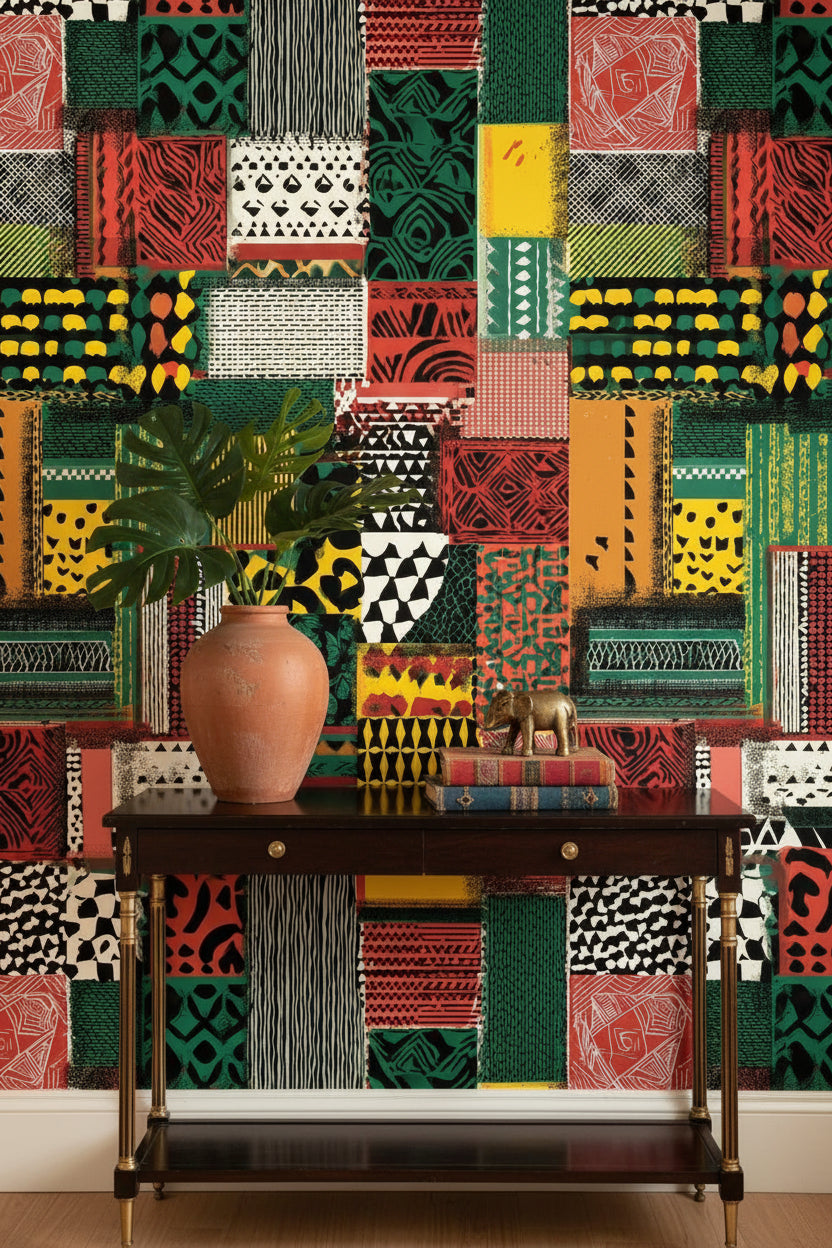 Etnik Patchwork Duvar Kağıdı Yeşil Kırmızı Desenli Salon