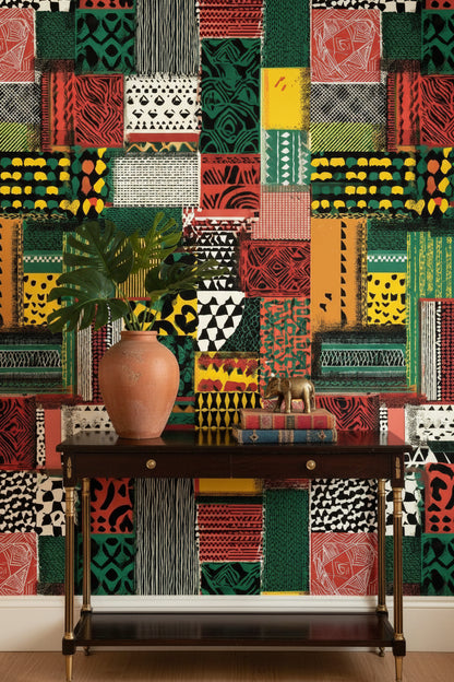 Etnik Patchwork Duvar Kağıdı Yeşil Kırmızı Desenli Salon
