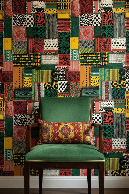 Etnik Patchwork Duvar Kağıdı Yeşil Kırmızı Desenli Salon