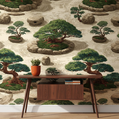 Japon Zen Bahçesi Duvar Kağıdı Bej Yeşil Salon