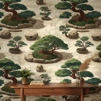 Japon Zen Bahçesi Duvar Kağıdı Bej Yeşil Salon