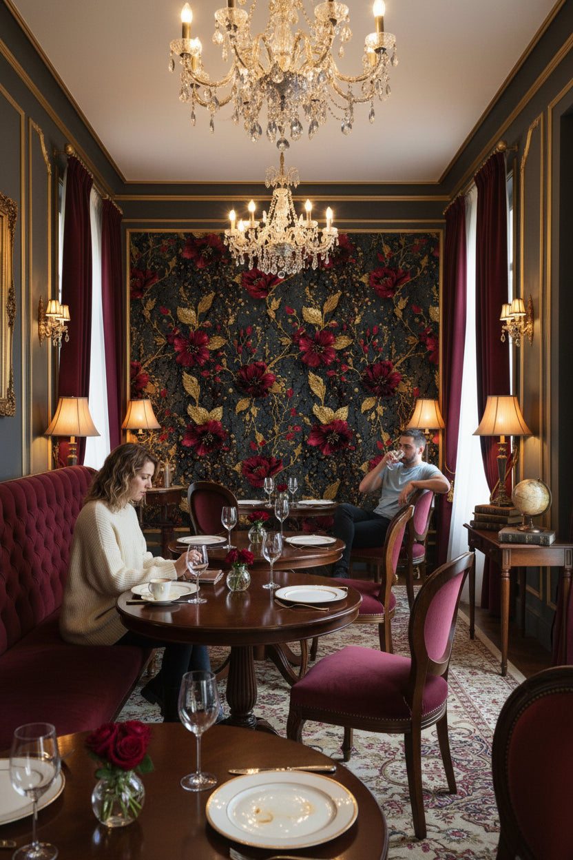 Bordo Altın Çiçek Desenli Duvar Kağıdı Siyah Zemin Salon