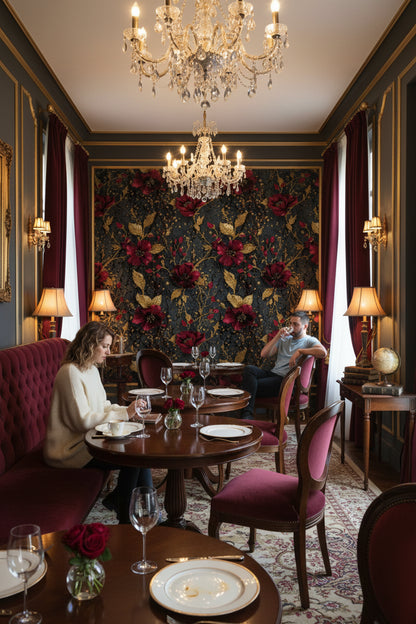 Bordo Altın Çiçek Desenli Duvar Kağıdı Siyah Zemin Salon