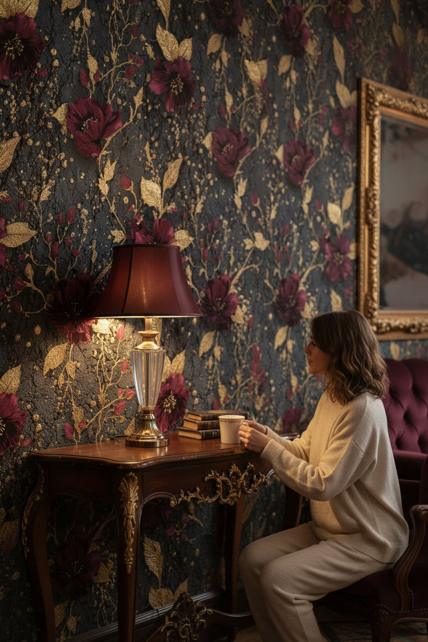 Bordo Altın Çiçek Desenli Duvar Kağıdı Siyah Zemin Salon