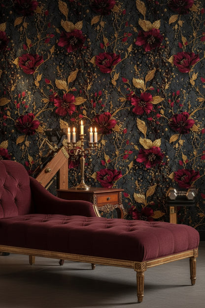 Bordo Altın Çiçek Desenli Duvar Kağıdı Siyah Zemin Salon