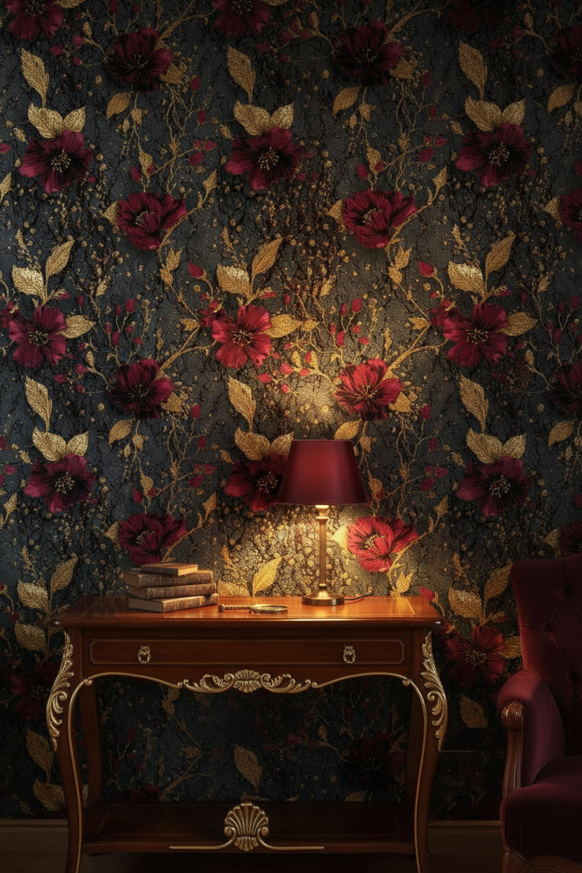 Bordo Altın Çiçek Desenli Duvar Kağıdı Siyah Zemin Salon