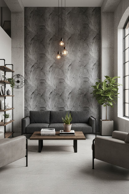 Koyu Gri Beton Desenli Duvar Kağıdı Modern Endüstriyel Salon