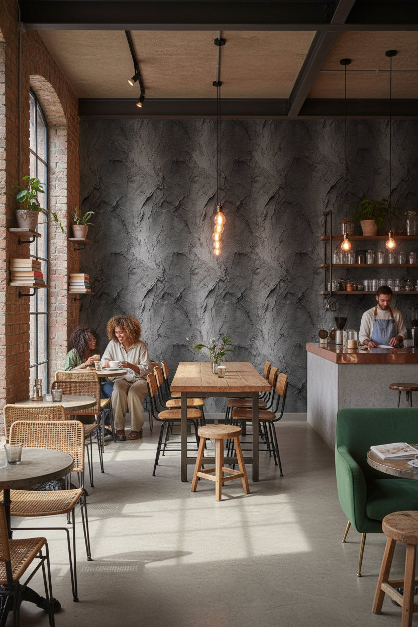 Koyu Gri Beton Desenli Duvar Kağıdı Modern Endüstriyel Salon